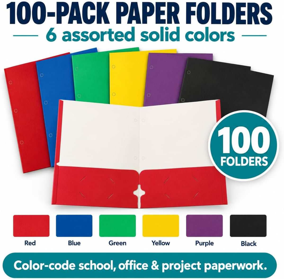 Better Office Products 2 Pocket Folders Bulk, Letter Size Paper Portfolios Case of 100, Assorted Primary Colors, Durable Folders Bulk for School, Office, Classroom Organization & Filing