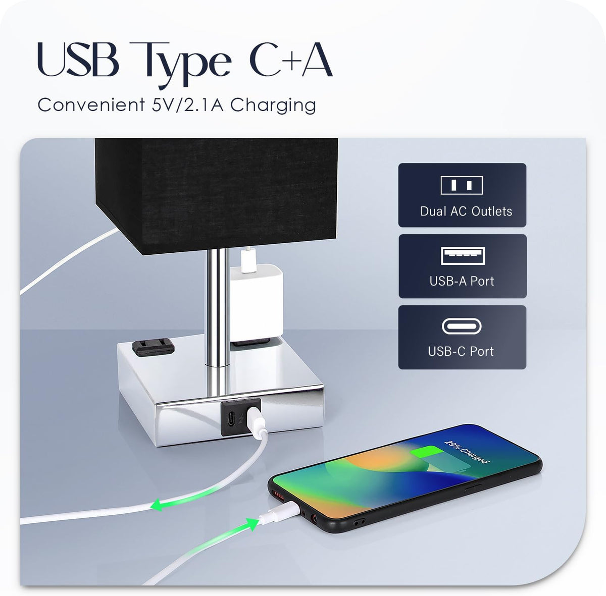 Set of 2 Bedside Table Lamp 3 Way Dimmable Nightstand Lamp with USB C & USB A Charging Port, 2 AC Outlets, 3000K LED Bulbs (Black)