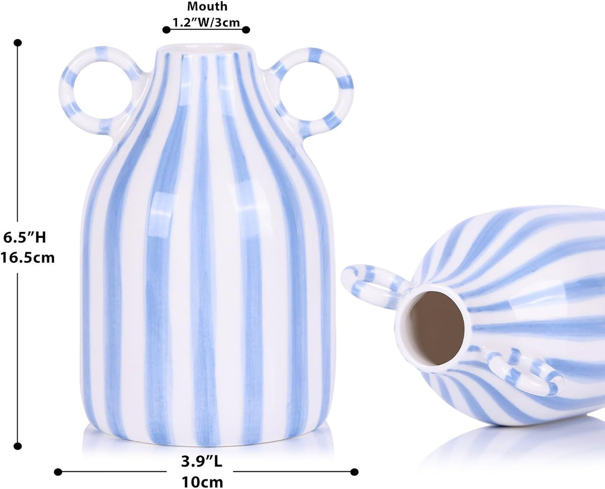 Ceramic Blue and White Striped Vase with Handle, Modern Minimalist Coastal Decor Home for Centerpieces for Tables, Kitchen Office, Bookshelf, Bedroom Aesthetic Decor (A)