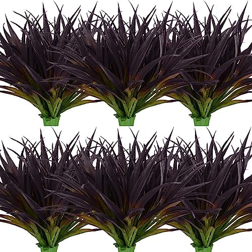 24Pcs Artificial Grass Plant Fake Outdoor Plastic Plants UV Resistant Faux Grasses Greenery Shrubs for Window Box Garden Patio Porch Home Decor Deep Purple