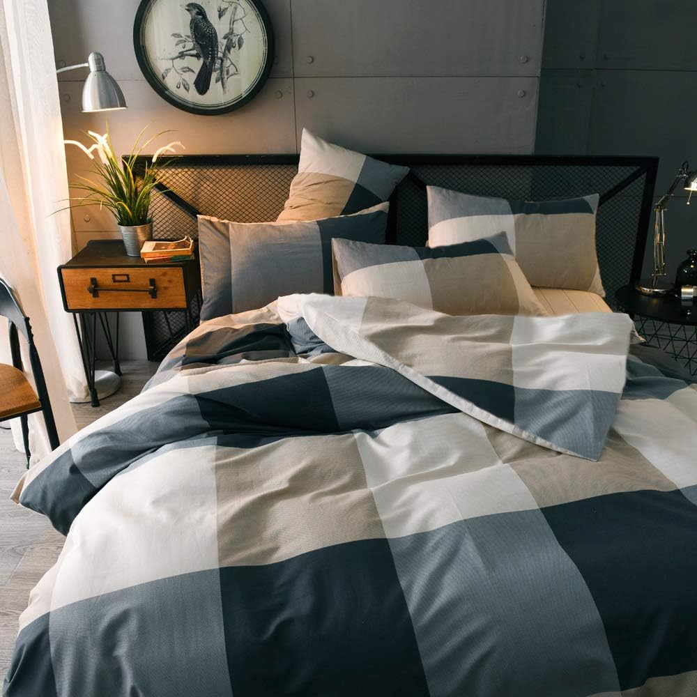 mixinni Full Comforter Set Men Boys Geometric Checkered Plaid Printed Bedding Comforter for All Season Soft Lightweight Bedding Set-Full Size