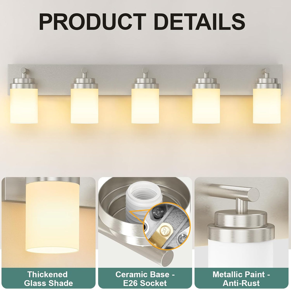 IZORRO Bathroom Vanity Light Fixture, 5-Light 36 Inch Brushed Nickel Bathroom Light Fixtures Over Mirror, with White Glass Shade, Modern Farmhouse Vanity Lights, Rustic Restroom Lighting Fixtures