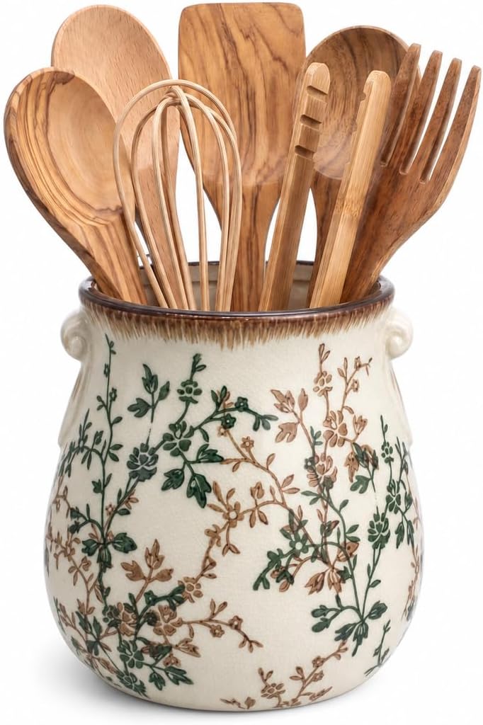 Large Vintage Floral Ceramic Utensil Holder for Kitchen Counter