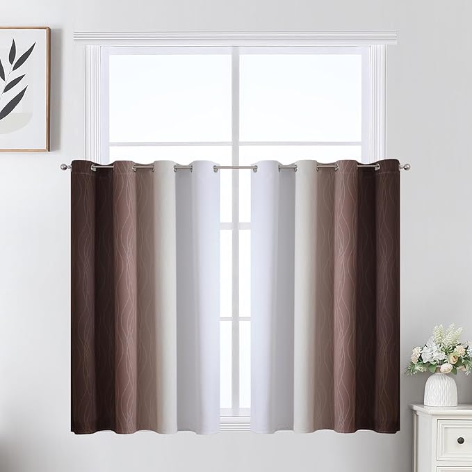 Estelar Textiler Brown and Greyish White Ombre Short Blackout Cafe Curtains 36 by ESTELARTEXTILER