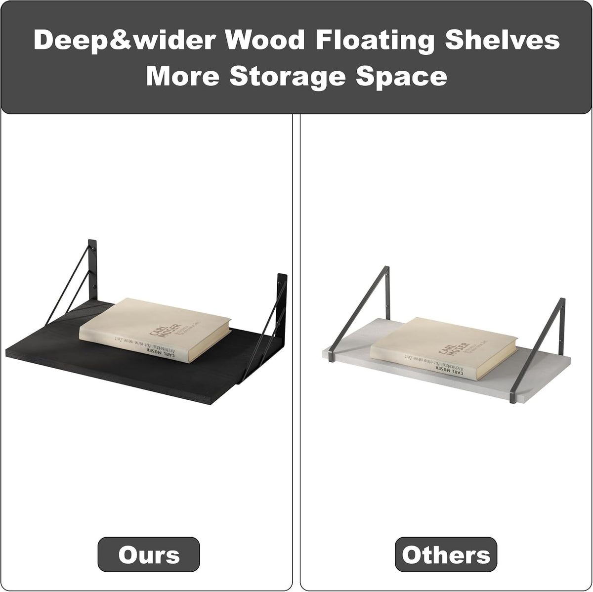 Love-KANKEI Wide Deep Floating Wall Shelves Set of 2,16"x12",Wood,Black