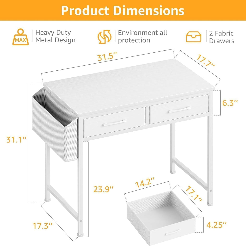 DLisiting 32 Inch Small White Desk with 2 Drawers