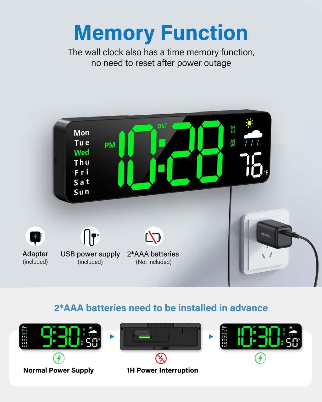 Digital Wall Clock, Digital Clock Large Display with Remote Control, Corded LED Alarm Clocks with Date, Week, Temp, Humidity, Auto DST, Countdown, for Living Room Bedroom Classroom Office (Green)