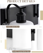 3-Light 19 Inch Bathroom Vanity Light,White Frosted Glass,Black