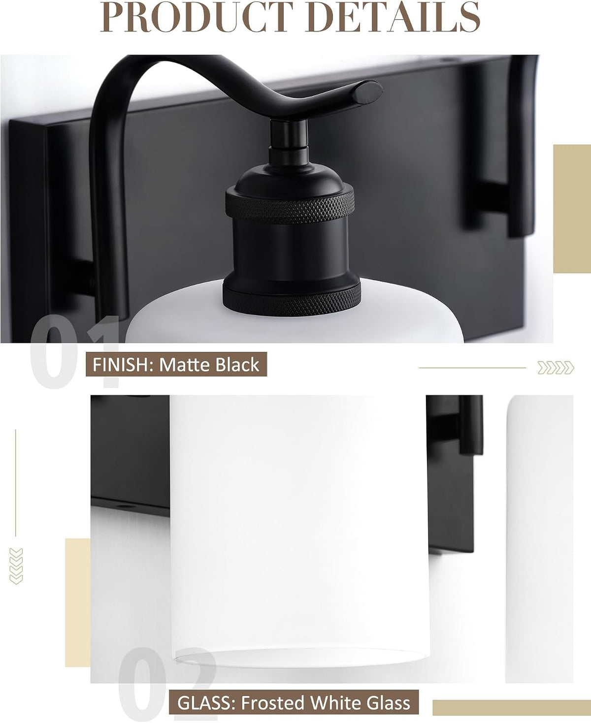 3-Light 19 Inch Bathroom Vanity Light,White Frosted Glass,Black