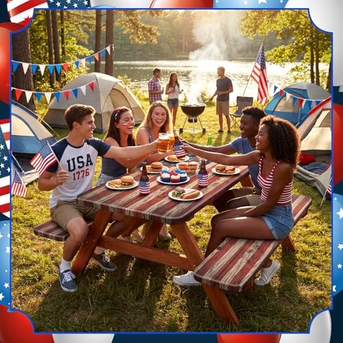 Chumia 3 Pcs American Flag Theme Picnic Table Cover with Bench Covers