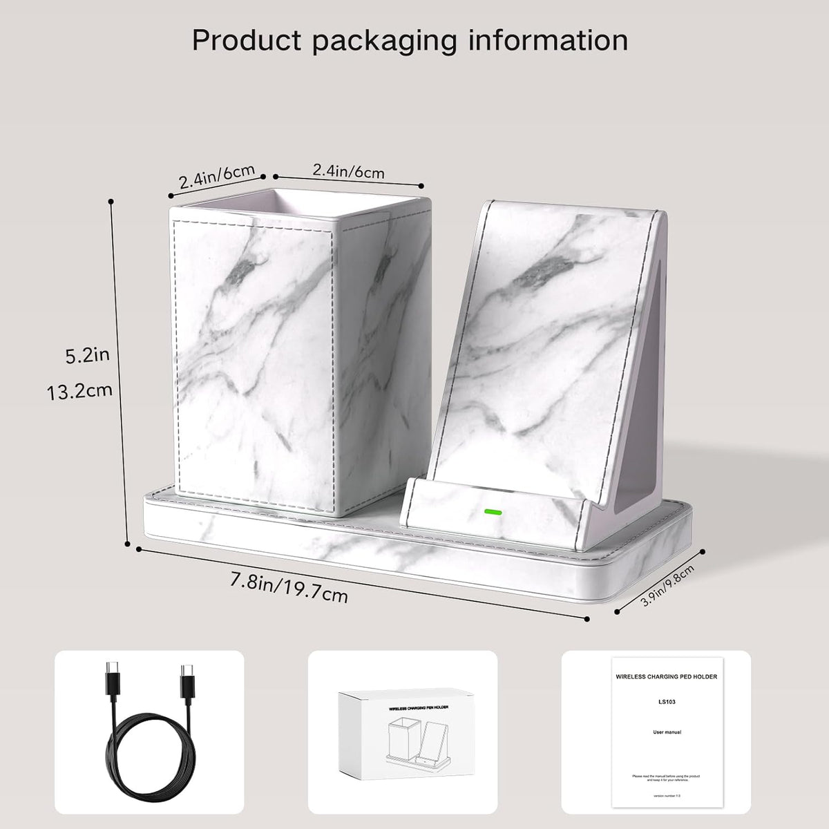 LADSTAG Multi-Functional Pencil Holder for Desk,marble Vegan Leather Organizers with Remote Control Holder,Pencil Holder Desk Organizer with Phone Wireless Charger for Office/Nightstand/Endtable