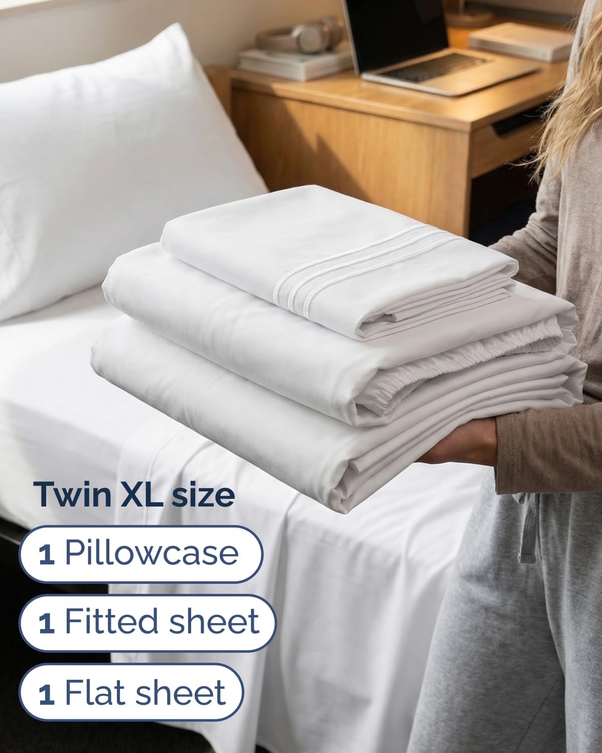 Twin XL Size 3 Piece Sheet Set - Comfy Breathable & Cooling Sheets - White