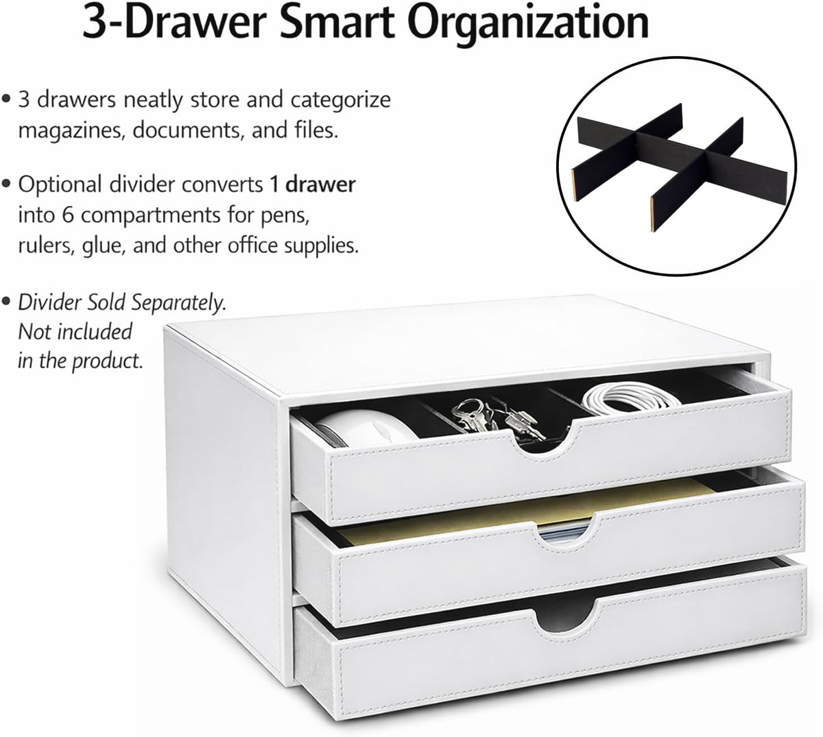 Document Organizer, 3-Drawer File Cabinet Document Storage Box, Office Desktop Filing Organizer, White
