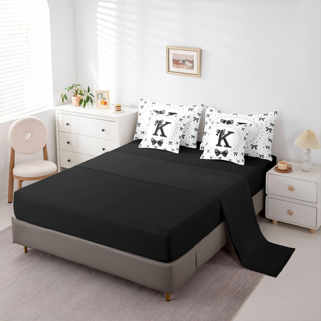 Erosebridal Black Bow Initial K Twin Bedding Set with Sheets - Coquette Ribbon Bows Comforter Set 7 Piece for Girls Kids, Black and White Bow Tie Fitted Flat Sheet, Personalized Bowknot Bed in a Bag