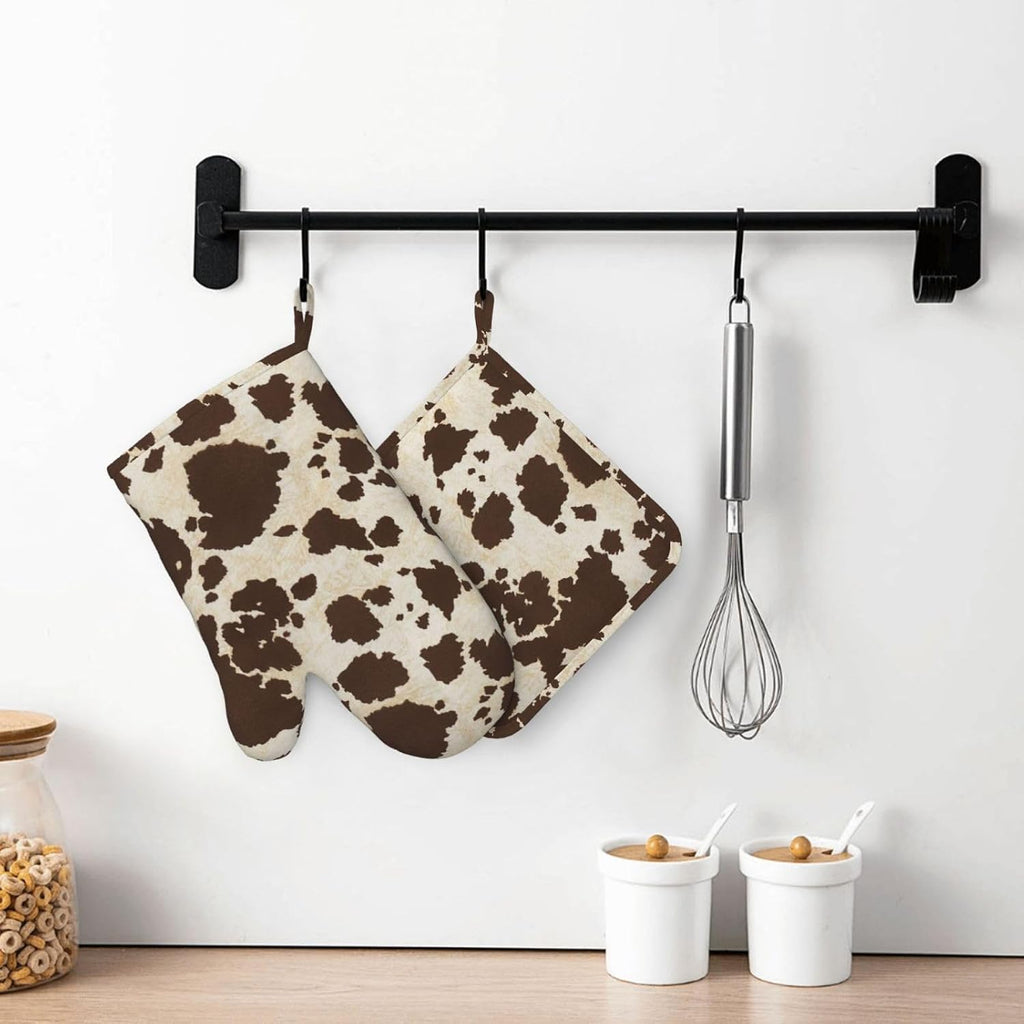 Brown Cowhide Oven Mitts and Pot Holders Sets Silicone Brown Cow Print Kitchen Mitts Cowhide Skin Pattern Potholders Heat Resistant 4Pcs Oven Gloves Hot Pads for Kitchen Baking Cooking