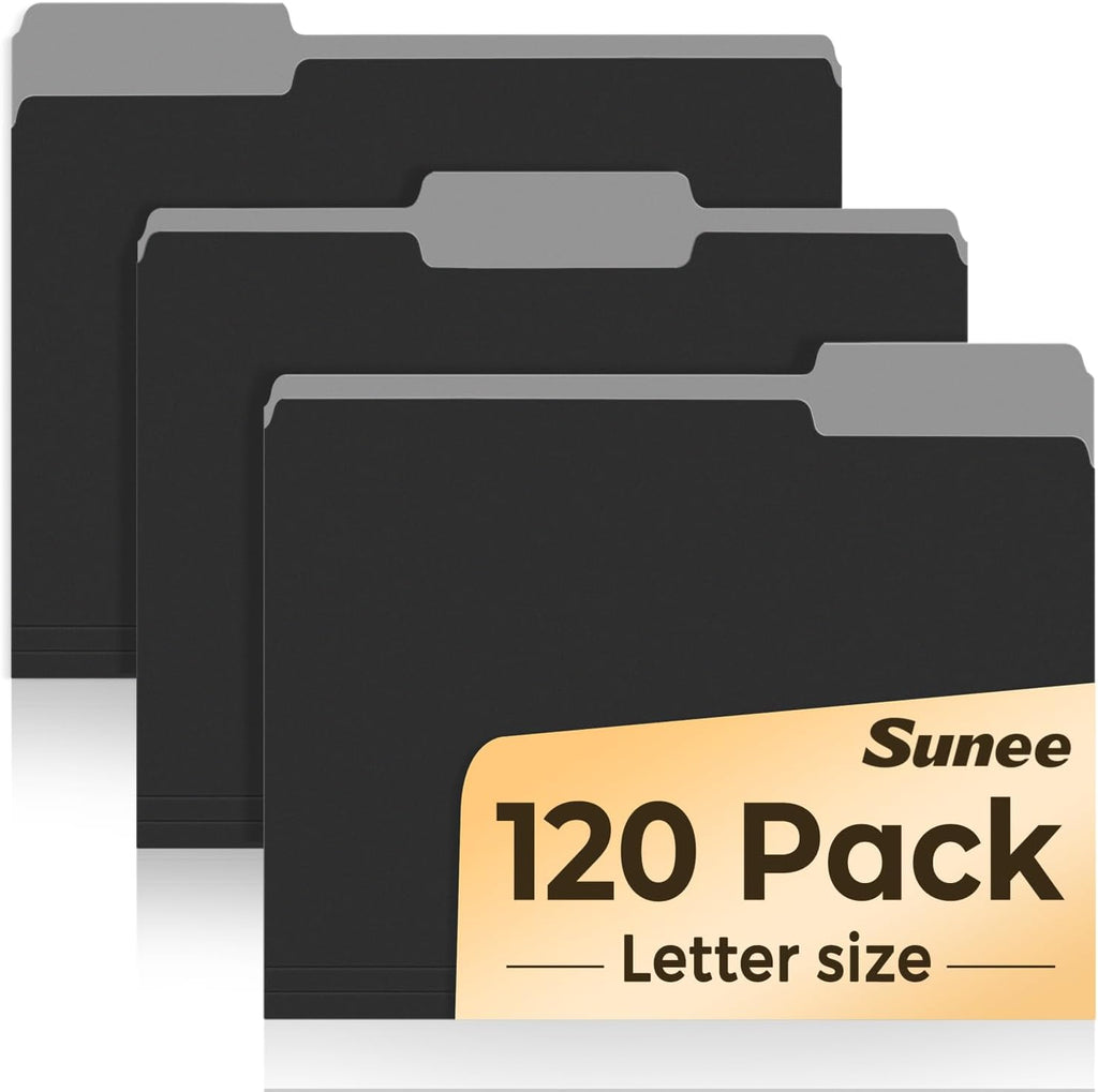 SUNEE File Folders, 120 Pack Manilla Folders 8.5 x 11, 1/3 Cut Tab for Easy Labeling and Organization, Durable Standard Paper for Home, Office, School Filing, Black