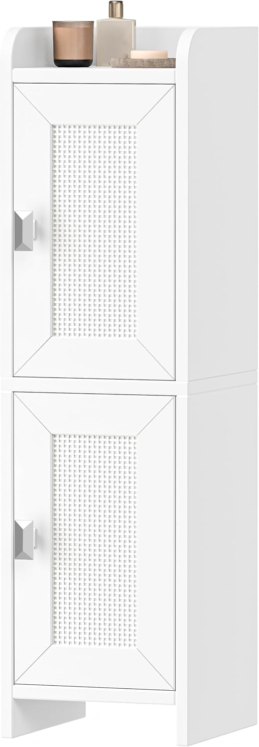 Akxomel Rattan Small Bathroom Cabinet Narrow Toilet Paper Organizer White