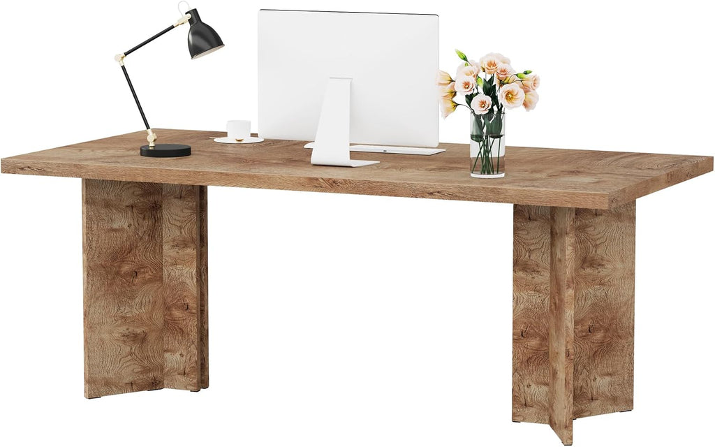 Tribesigns 63-inch Executive Desk, Vintage Home Office Computer Desk with Large Tabletop, Farmhouse Wood Writing Conference Table Workstation for Office, Study, Light Oak Brown
