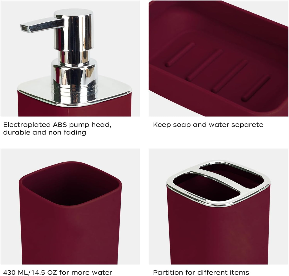 4Pcs Burgundy Bathroom Set, Square Boho Soap & Toothbrush Holder Set