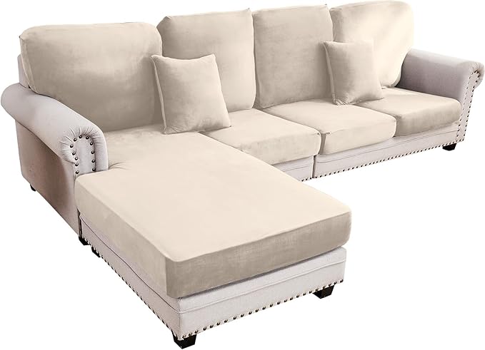 Couch Cover 4-Piece Elastic Velvet Couch Cushion Covers & Chaise Slipcovers by Taque