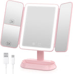 FRANO Rechargeable Trifold Makeup Mirror with Lights, 1X/3X/5X Magnification, Cordless 3-Color LED Vanity Mirror for Travel & Desk, Up to 20H Use, Ideal Gift for Women & Teens - Pink