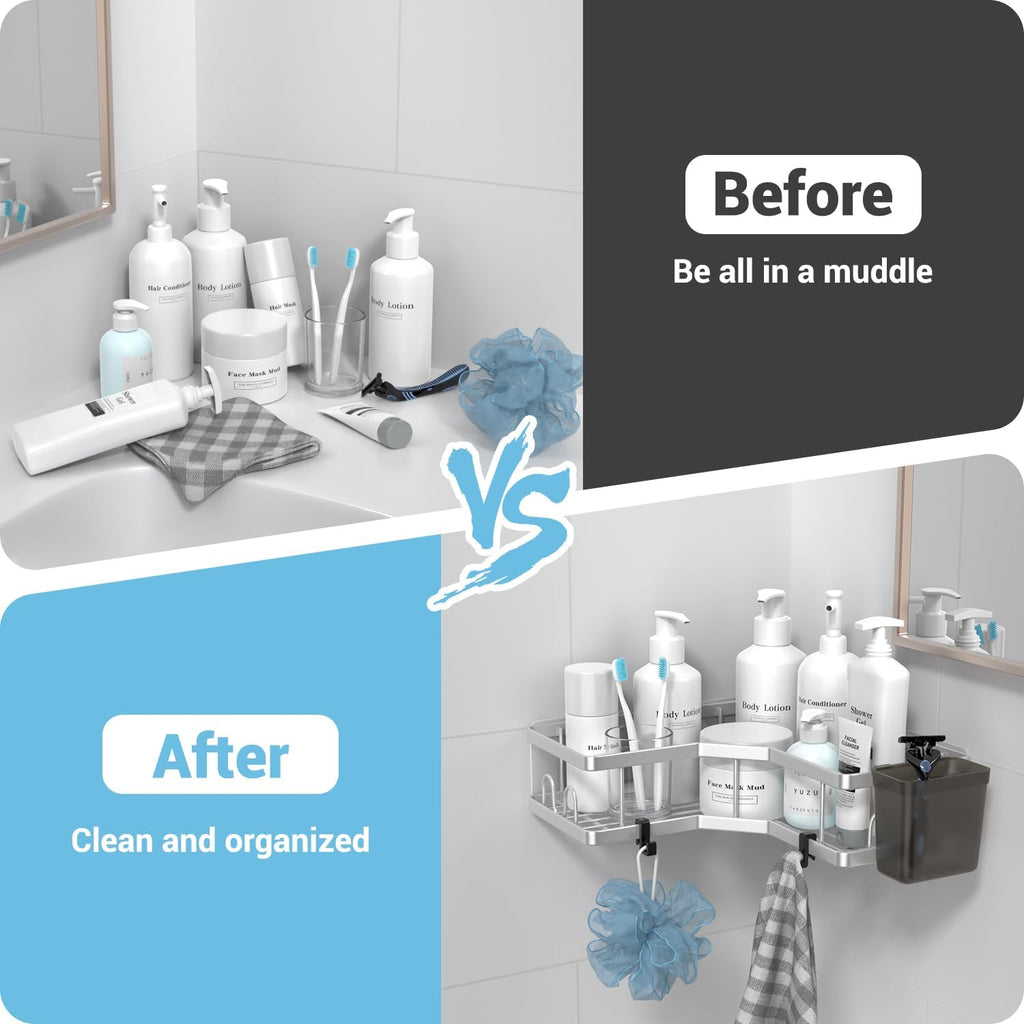 AKTECKE Corner Shower Caddy Shelf Rack: 2 Pack Adhesive Shower Organizer Essentials - No Drilling Stainless Steel Bathroom Storage Rack with Hooks and Toothpaste Holder