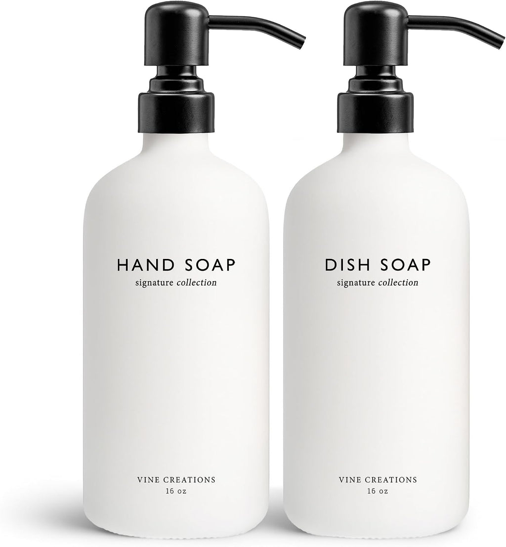 Vine Creations Amber Glass Soap Dispenser Set, Dish Soap and Hand Soap Dispenser Set with Stainless Steel Pump, 16 oz Glass Dispensers for Kitchen or Bathroom Decor (Amber Bottle/Matte Black Pump)