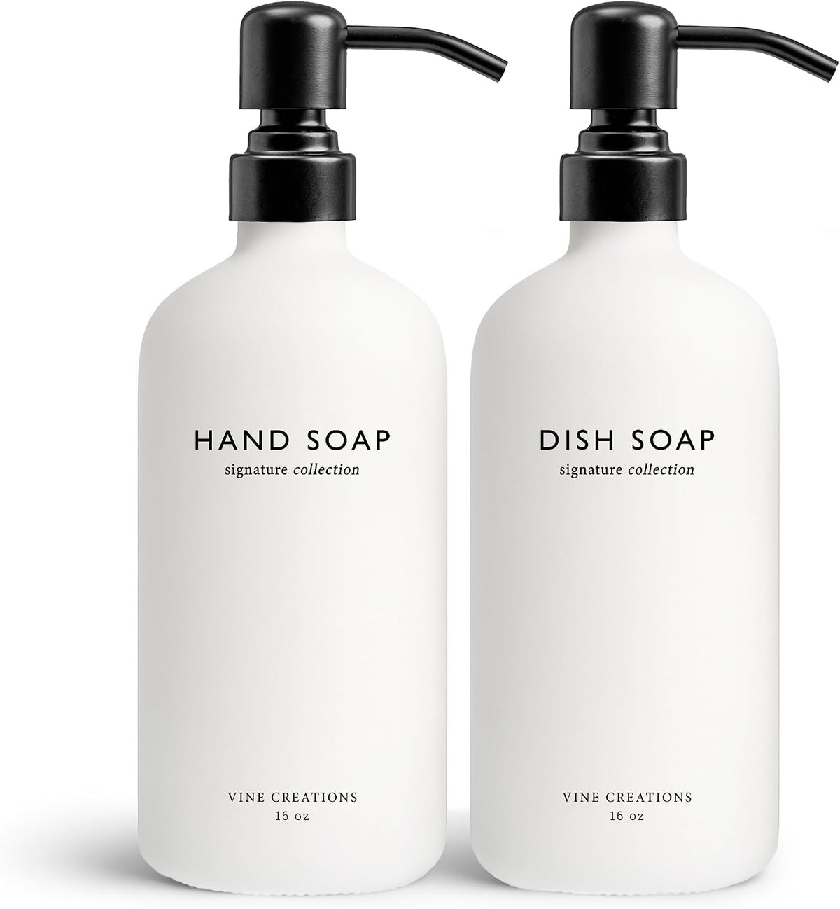 Vine Creations Amber Glass Soap Dispenser Set, Dish Soap and Hand Soap Dispenser Set with Stainless Steel Pump, 16 oz Glass Dispensers for Kitchen or Bathroom Decor (Amber Bottle/Matte Black Pump)