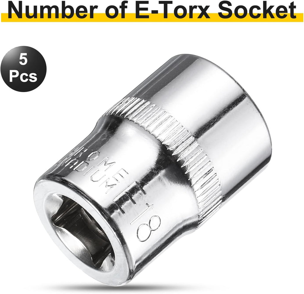 HARFINGTON 5pcs E-Torx Socket 3/8" Drive E18 Star Female Socket 1.1" Length