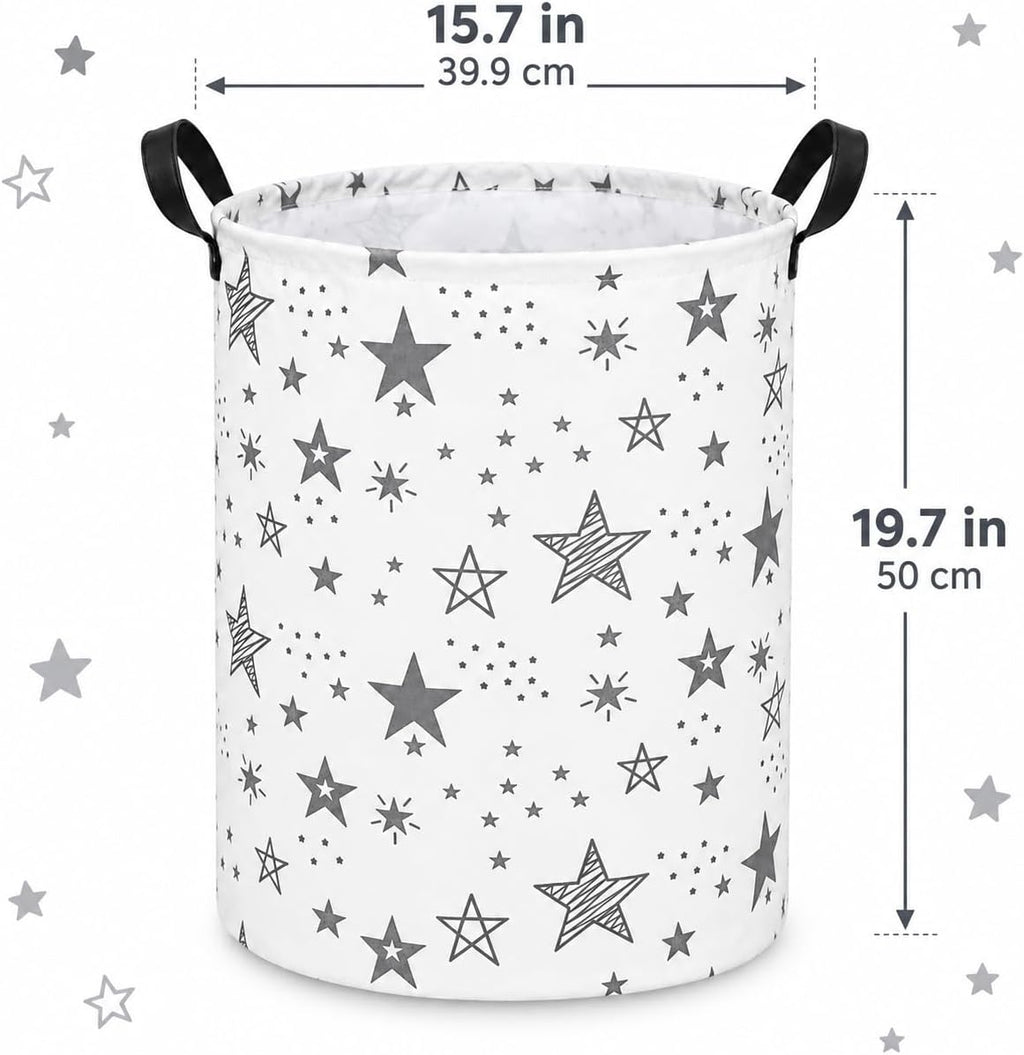 Collapsible Kids Laundry Basket Clothes Hamper, Foldable Storage Organizer Bin, Toy Clothes Storage with Handles for Boys Girls Bedroom, Room Decor Grey Star
