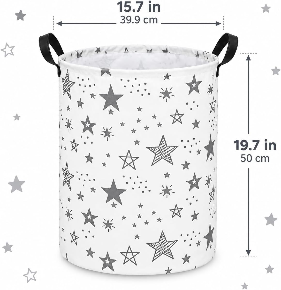Collapsible Kids Laundry Basket Clothes Hamper, Foldable Storage Organizer Bin, Toy Clothes Storage with Handles for Boys Girls Bedroom, Room Decor Grey Star
