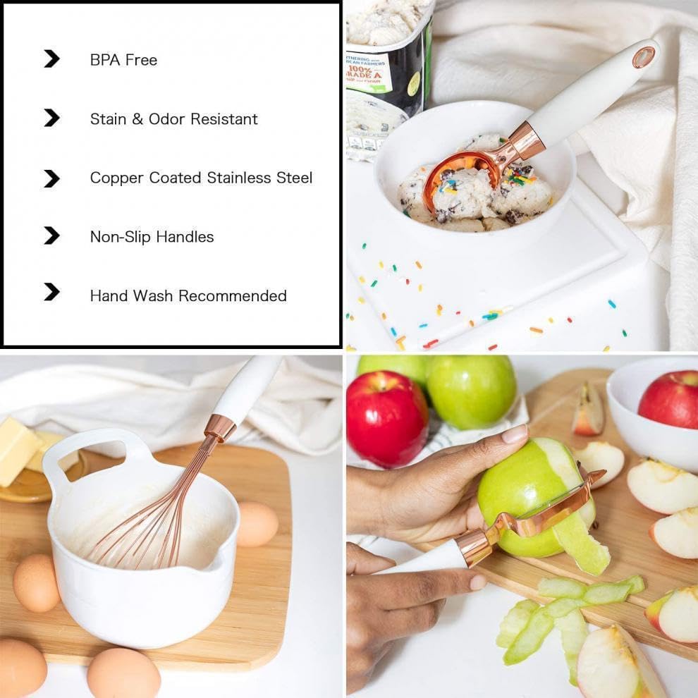 White & Gold Kitchen Tools and Gadgets - Luxe 7PC Cooking Tools and Gadgets with Anti-Slip Handles, Utensils Set, Gold Kitchen Accessories,Premium Kitchen Gadget Set (rose gold and pink)