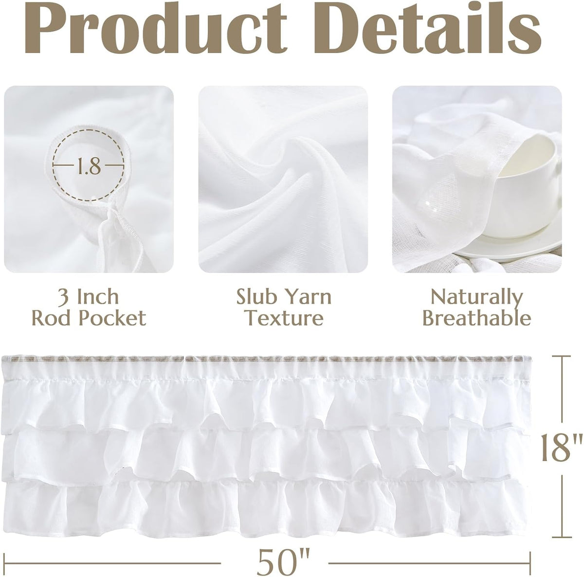 jinchan Ruffled Valance Curtain Shabbychic Farmhouse 18 Inch 1 Panel White
