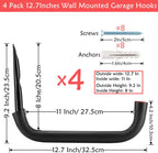 12.7 Inch Heavy Duty Large Tool Hanger, 4 Pack Wall Mounted Garage Storage Hooks, Indoor Outdoor Organizer Rack Load Capacity 50lbs