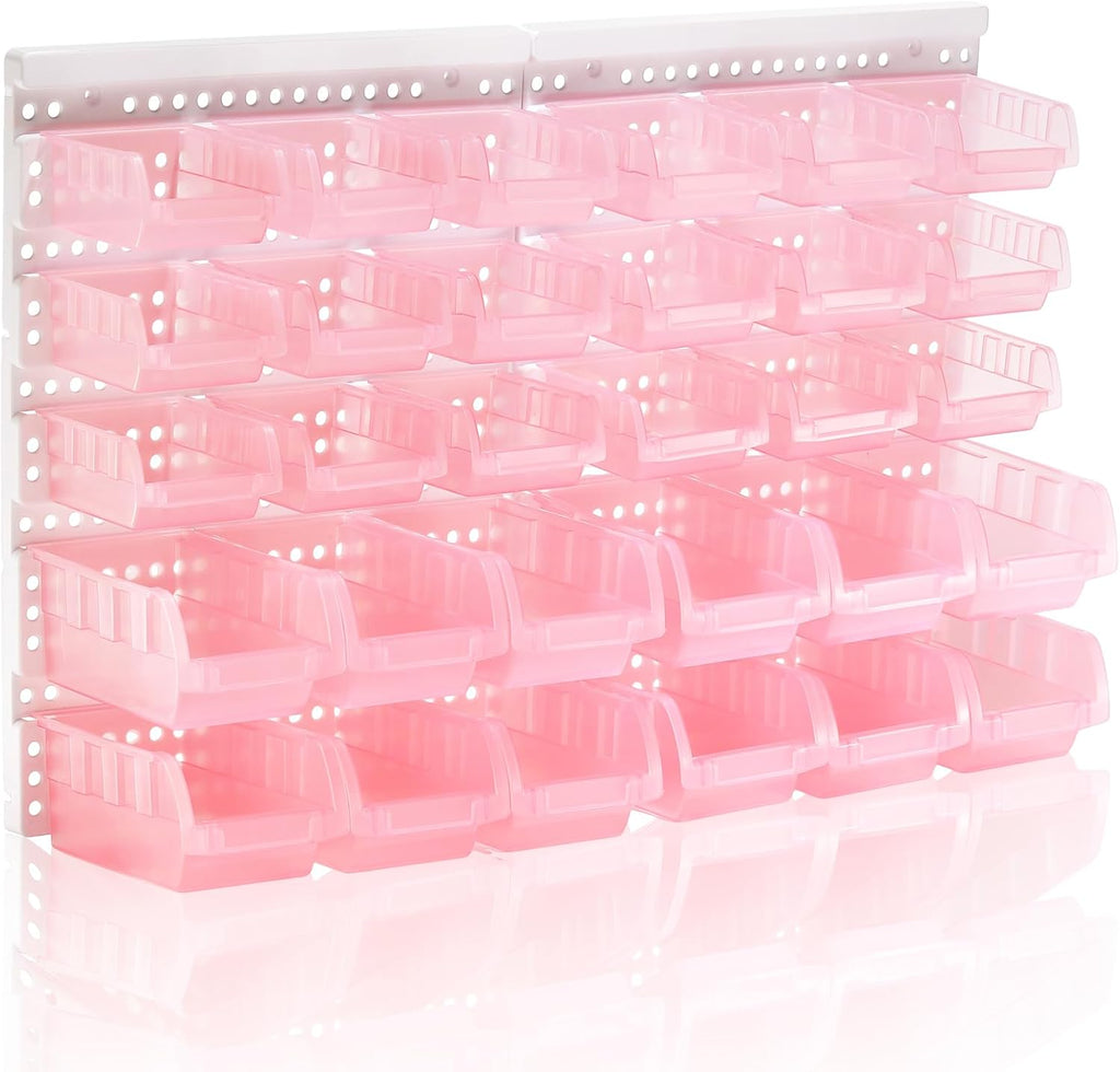 Transparent Pink Garage Organizer Bins, 120PCS Wall Mounted Storage Small Parts Bins With White Pegboard to Store Nuts,Bolts, Screws, Nails