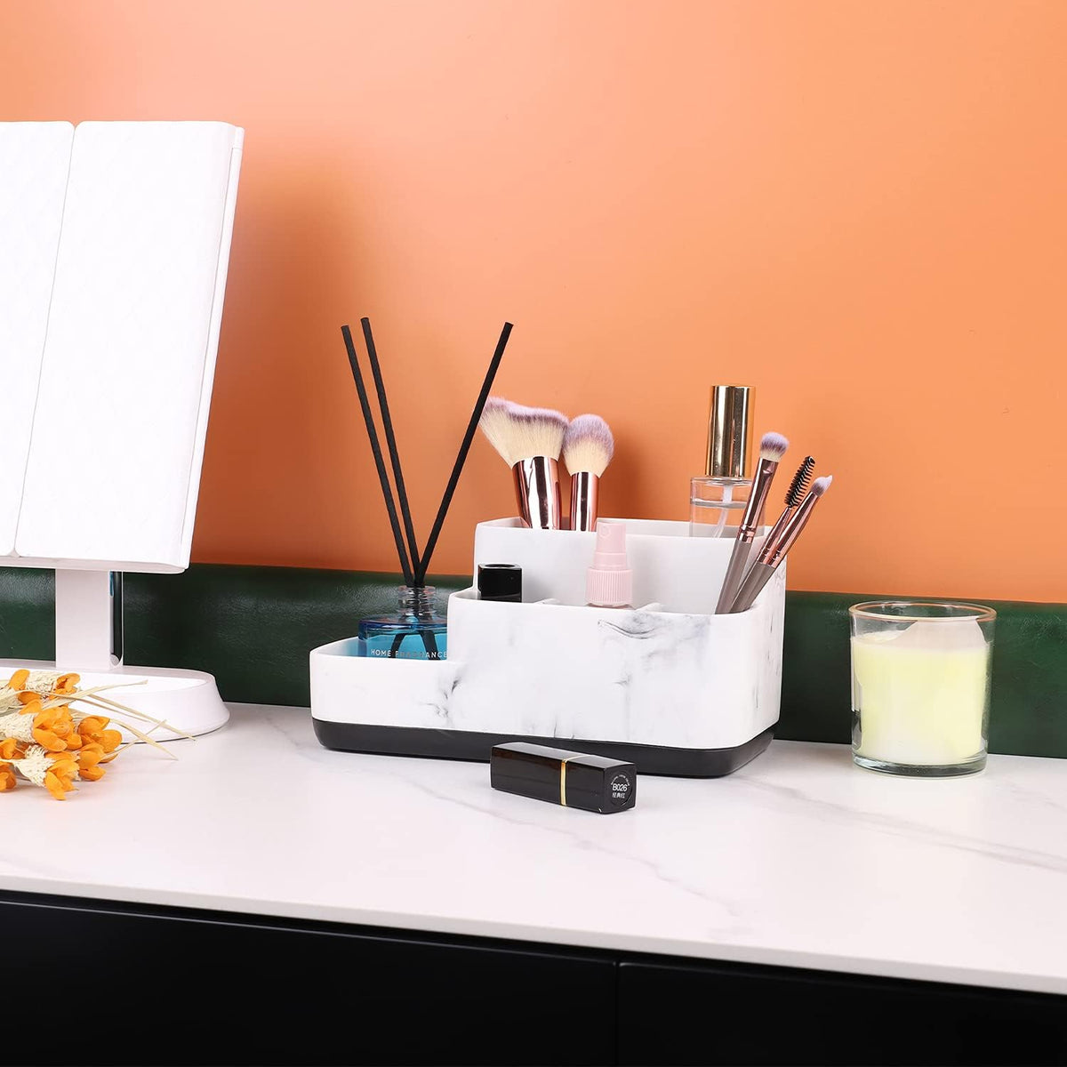 Toothbrush Holder Organizer - Multi-Functional Bathroom Storage for Makeup, Skincare, and Accessories - White Marble Look Countertop Organizer for Sink and Vanity Spaces