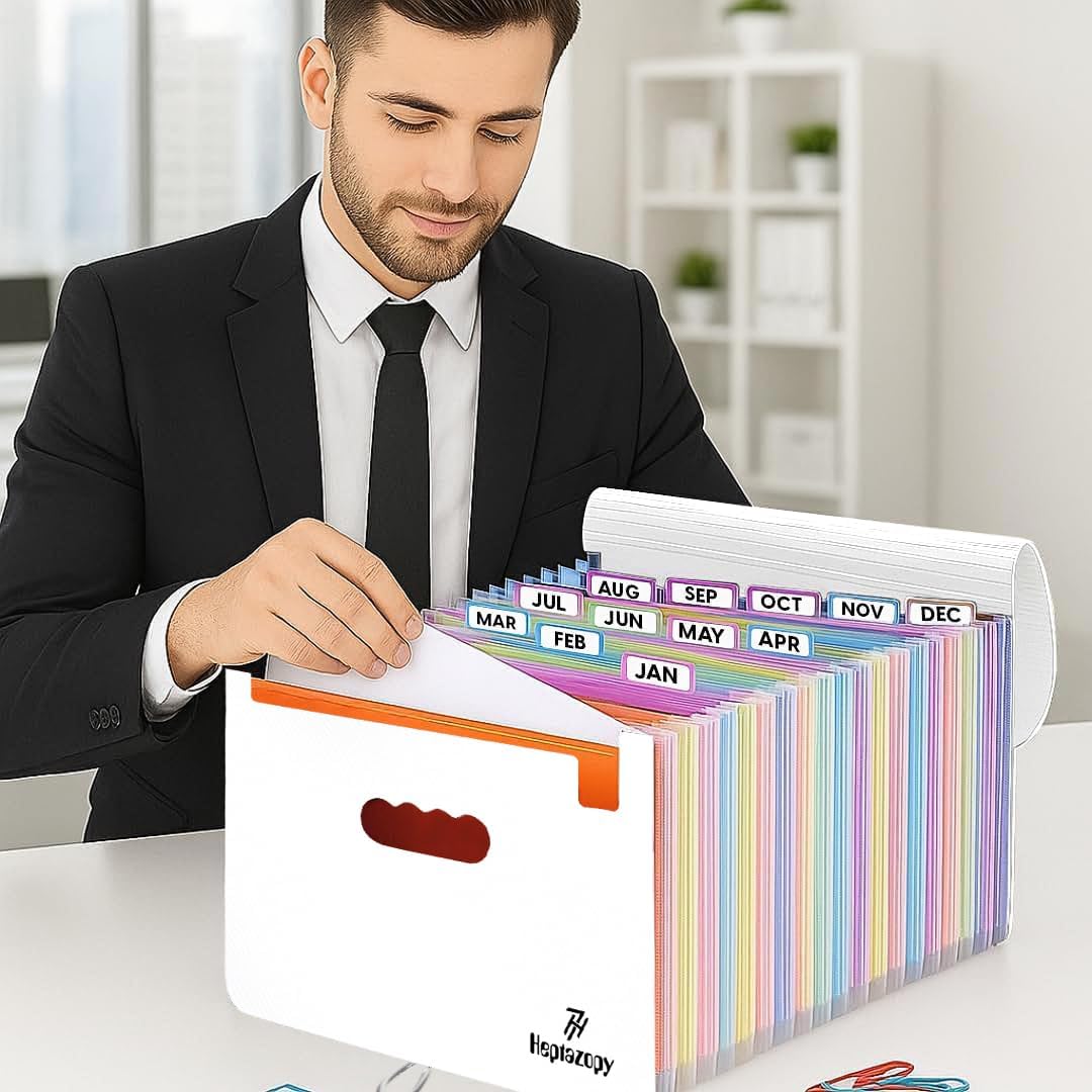 Plastic Accordion File Organizer, 26 Pockets Expandable File Folder Organizer, A4 Letter Size Filing Organizer with Colorful Tabs, Elastic Cord, 60 Paper Clip, Label & Stickers for Office School Home