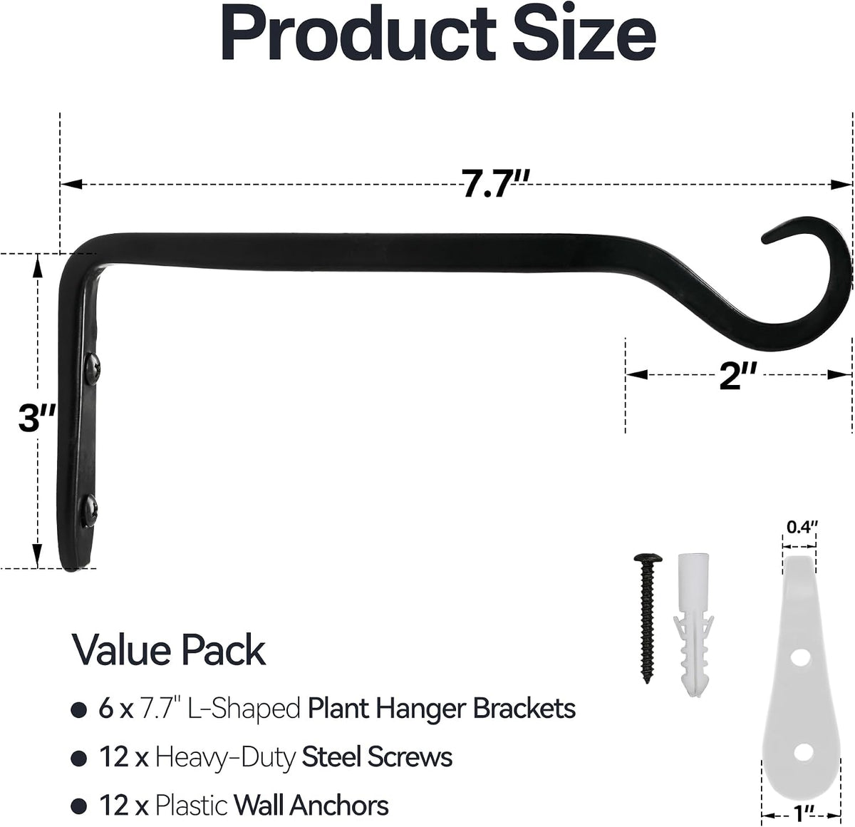 WORTH 6-Pack 7" Plant Hanger Bracket, Forged Iron Black Hanging Hooks