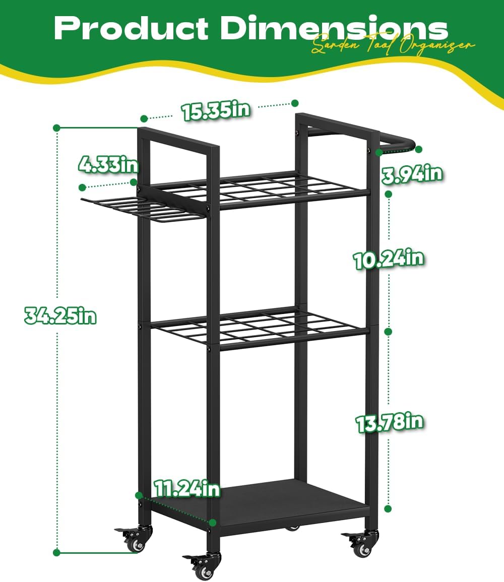 Garden Tool Organizer with Wheels, Yard Tower Rack, Black