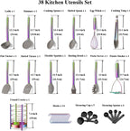 38 Piece Silicone kitchen Cooking Utensils Set with Utensil Crocks, Silicone Head and Stainless Steel Handle Cookware, Kitchen Tools for Utensil Set, Non-Stick kitchen Gadgets,Dishwasher Safe(Rainbow)
