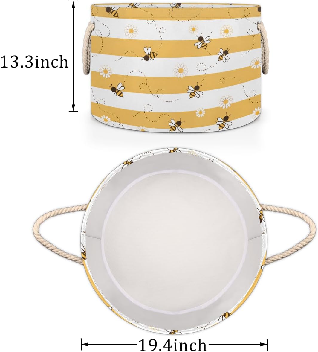 Animal Cute Bee Large Storage Basket Honeycomb Bee Round Laundry Basket with Handle Organization Collapsible Storage Bins Box Hamper for Kids Toy Clothes Nursery Bedroom Living Room Decor