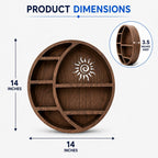Wooden Crescent Moon Shelf Wall Decor — Aesthetic Floating Crystal Display Holder & Hanging Organizer for Bedroom, Dorm & Spiritual Room Decor | 14"x14"x3.5" | (Sun Cutout - Brown)