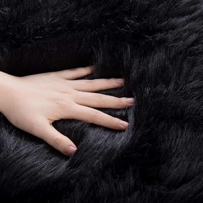 ORINOVA Black Round Rugs 6ft Fluffy Washable Faux Sheepskin Shaggy Fur Rugs - Image 8