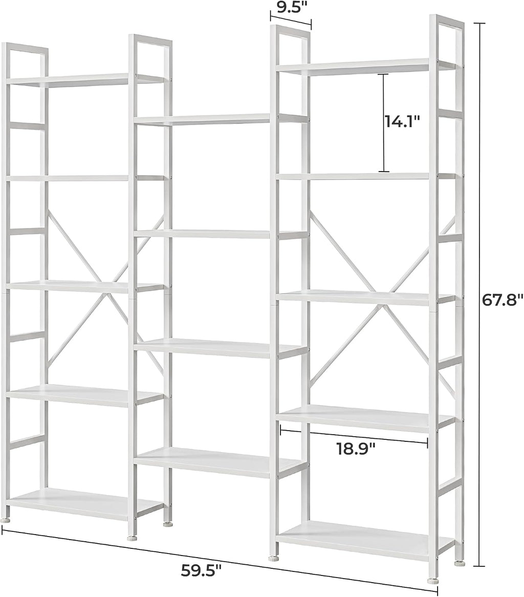 SUPERJARE Triple Bookshelf, Bookcase with 14 Open Display Shelves, Wide Book Shelf Book Case for Home & Office, 5 Tier, White