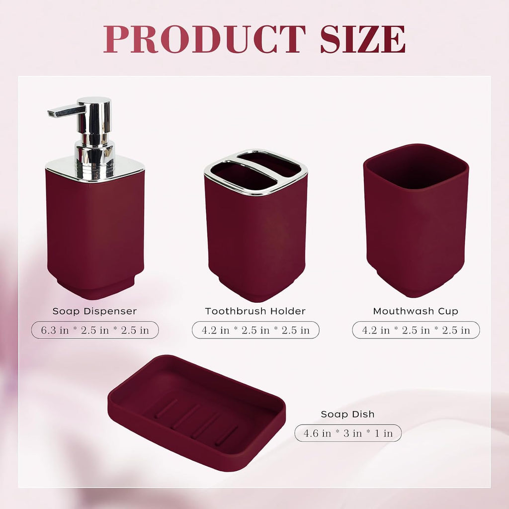 4Pcs Burgundy Bathroom Set, Square Boho Soap & Toothbrush Holder Set