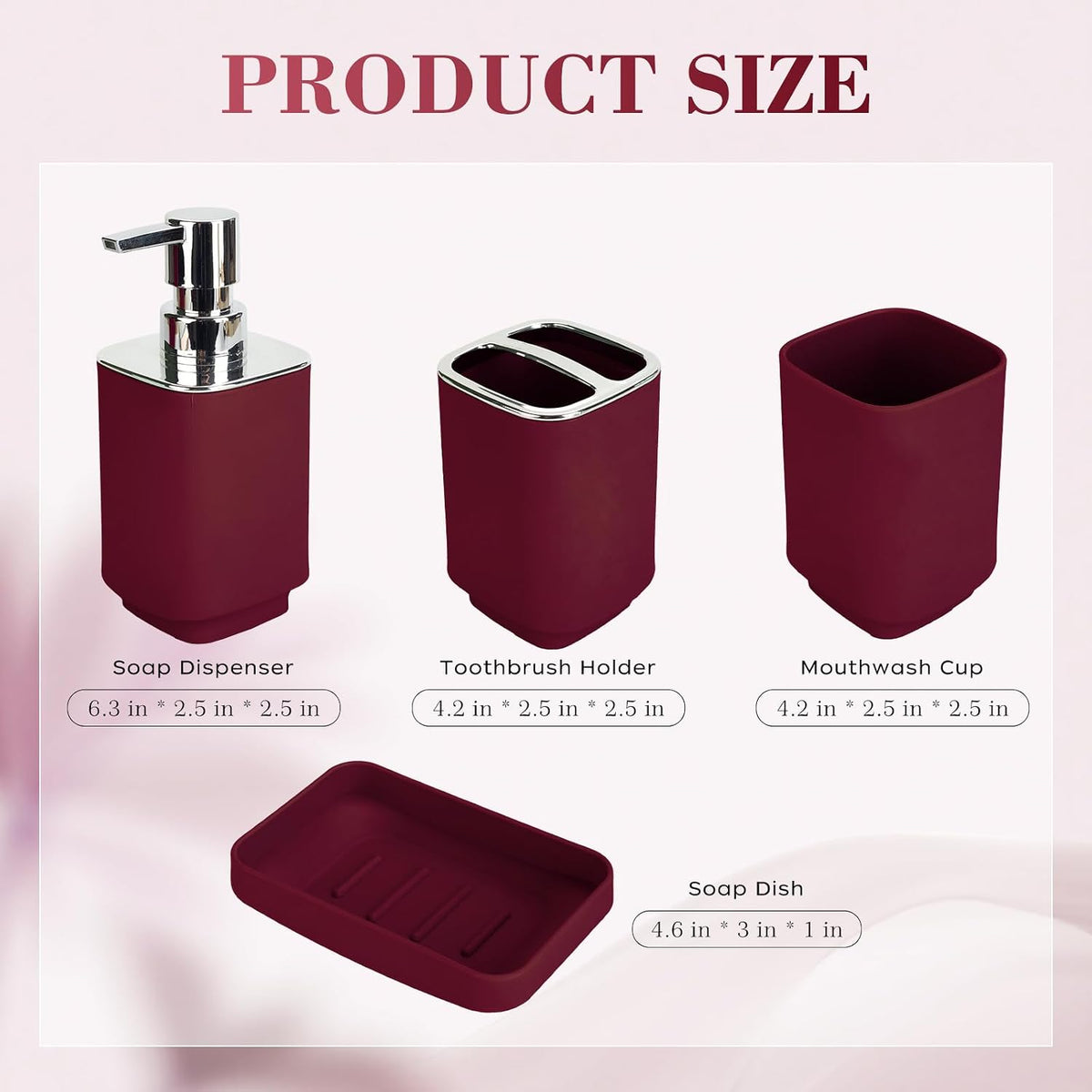 4Pcs Burgundy Bathroom Set, Square Boho Soap & Toothbrush Holder Set