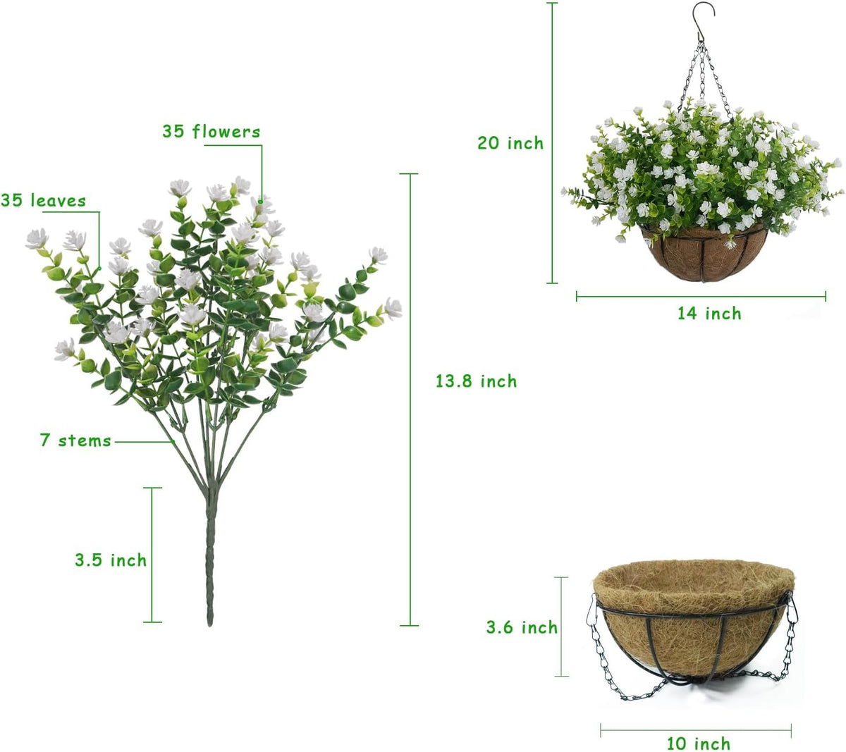 White Artificial Flowers for Hanging Baskets Outdoor, Faux Plant Decor