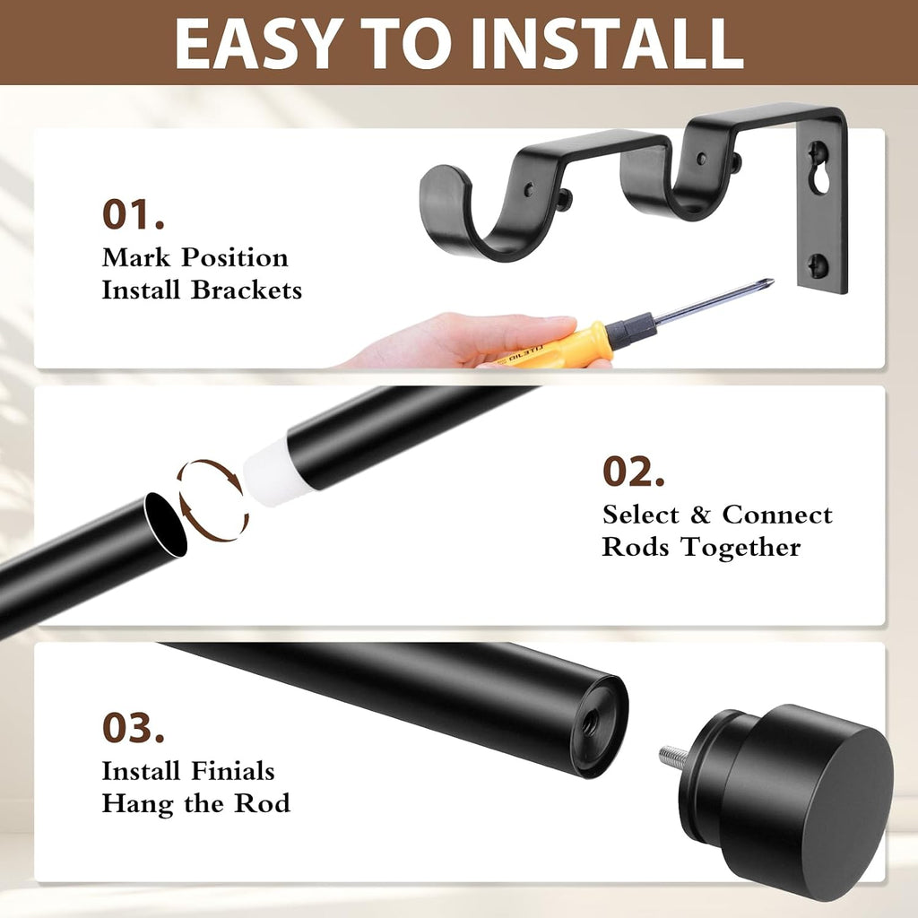 TONIAL Black Double Curtain Rods for Windows, 72-150 Inch, Simple Finials
