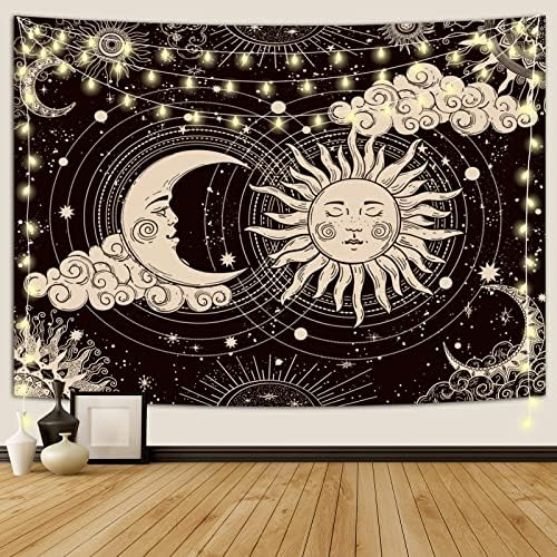 Wonrizon Sun and Moon Tapestry, Aesthetic Black Dark Spiritual Tapestries Mystic Burning Sun with Clouds Star Wall Hanging decor for Bedroom (59.1" x 82.7")