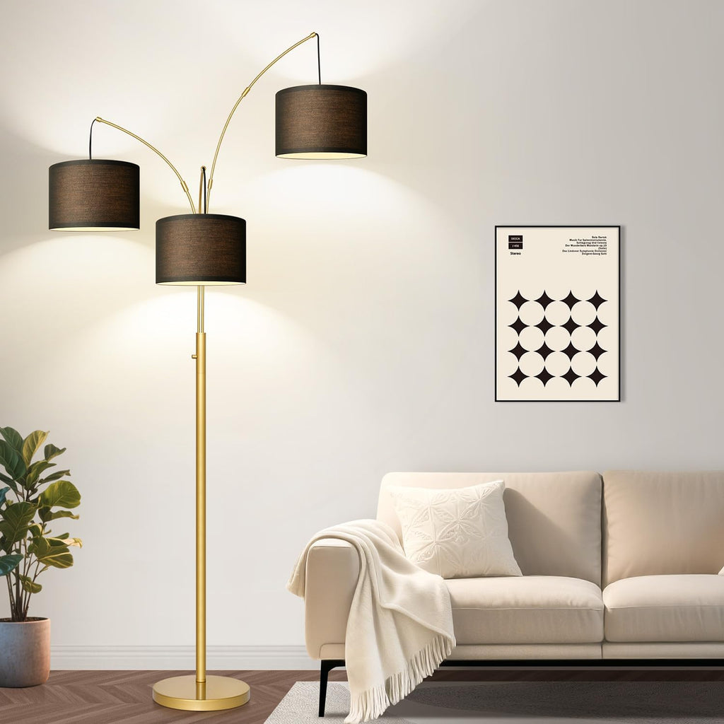 Dimmable Floor Lamp - 3 Lights Gold Arc Floor Lamps for Living Room, 1000LM Modern Tall Standing Lamp With Black Shades&Heavy Base, Mid Century Tree Floor Lamp for Bedroom Office, 3 LED Bulbs Included